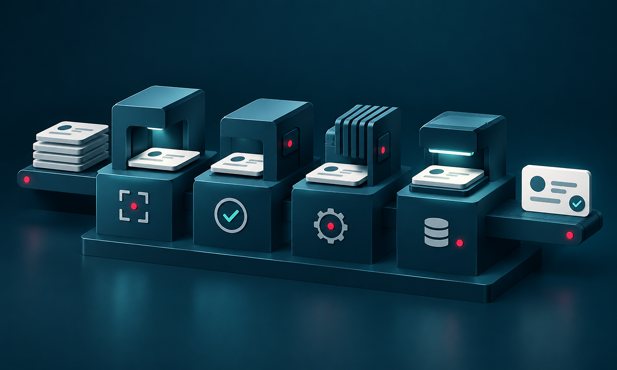 Four-stage processing bench transforming transaction records into a completed ledger entry