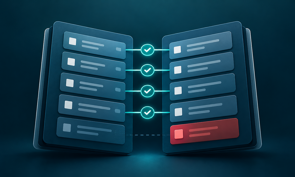 Paired ledgers aligned across a reconciliation seam with one highlighted exception