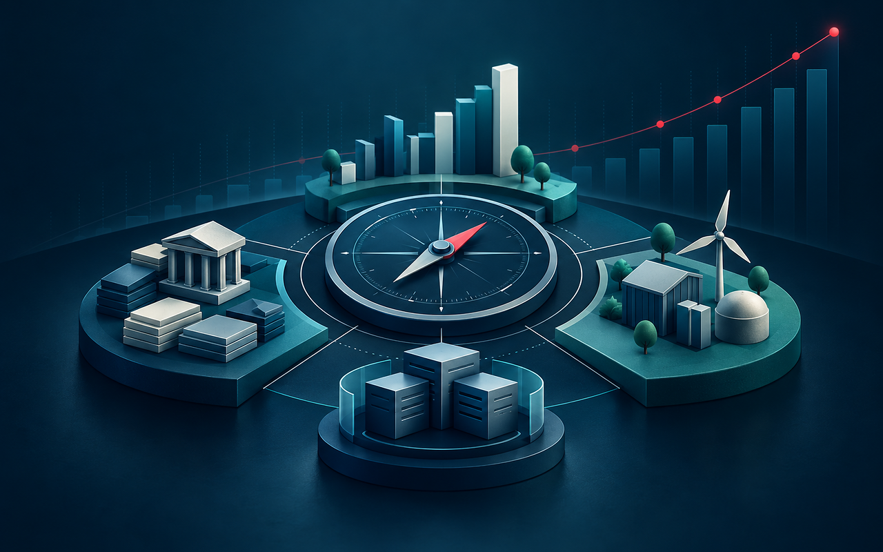 Diversified portfolio landscape organized around an allocation compass